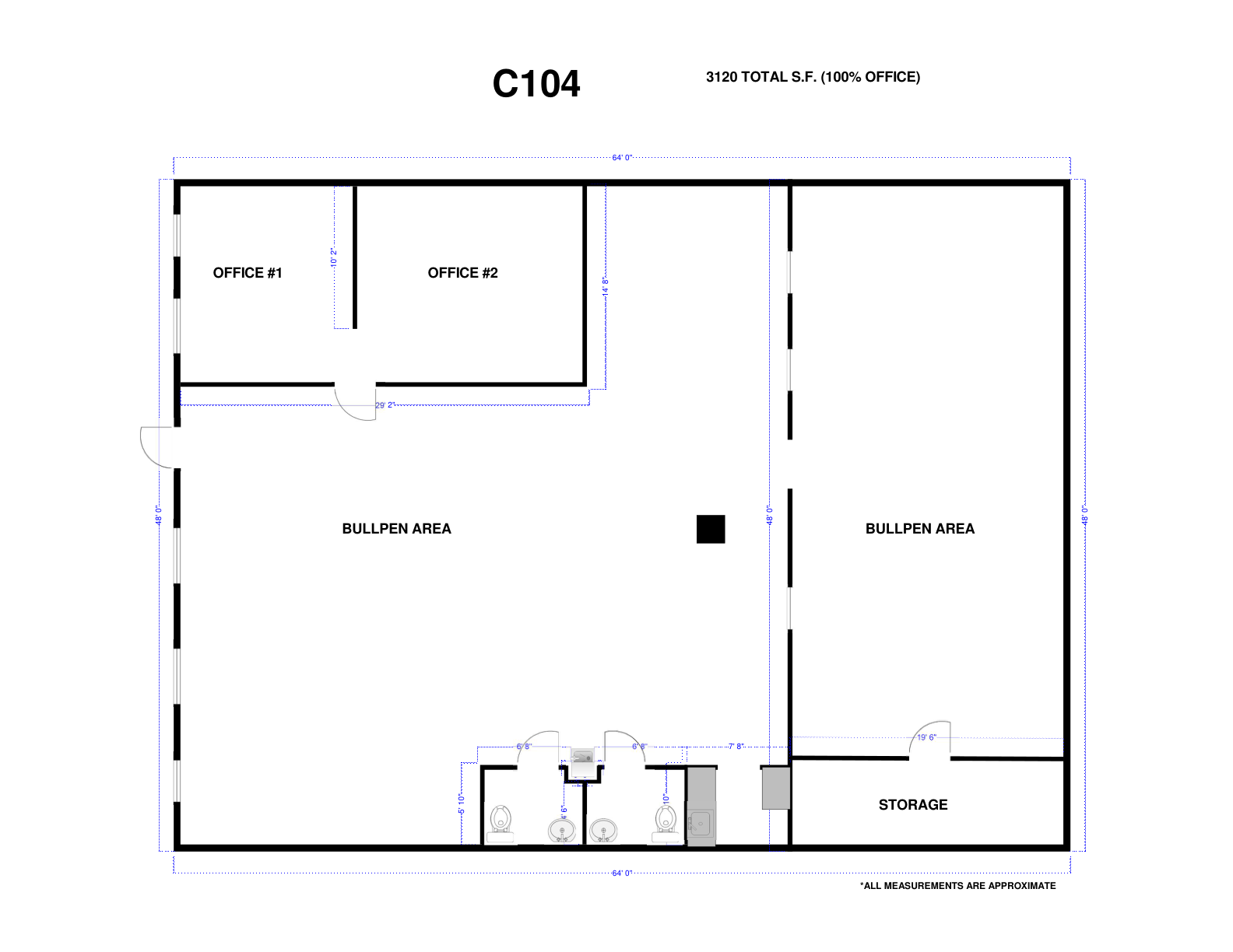 Suite C-104 floor plan — 3,120 SF, 2 private offices, 2 bullpen areas, storage, restrooms