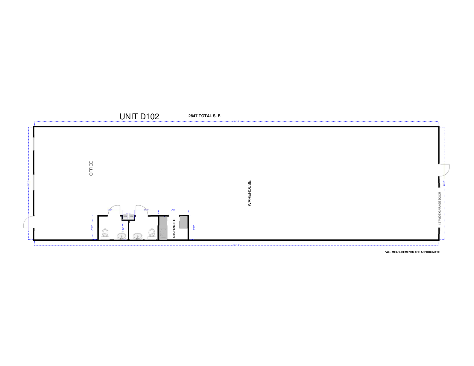 Suite D-102 floor plan — 2,847 SF, office + warehouse, kitchenette, restrooms, 12' garage door