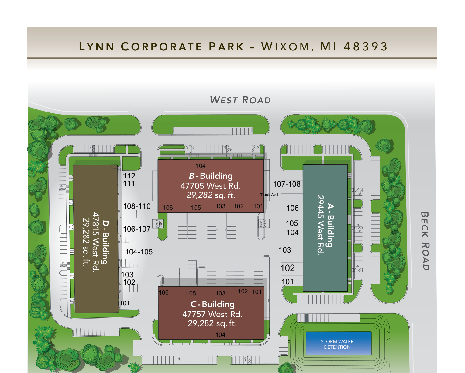 Lynn Corporate Park site plan — Buildings A, B, C, D layout with parking, Beck Road and West Road, Wixom MI 48393